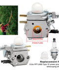Carburetor Replacement For Echo PPT 2400 And SRM 2400 Trimmers showing dimensions and accessories like spark plug and bulb