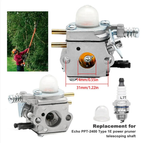 Carburetor Replacement For Echo PPT 2400 And SRM 2400 Trimmers showing dimensions and accessories like spark plug and bulb