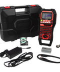 Hella Heavy Duty Label Maker And Portable Tape Printer For Asset Tagging Cable Wire Marking Barcode Printing Safety Identification And Electrician Shops Includes Premium Adhesive Rolls in black carrying case.
