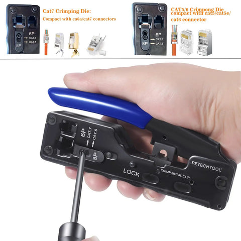 Hand using All In One RJ45 Ethernet Crimp Tool For Pass Through Connectors and RJ11 RJ45 Plugs with blue handle.