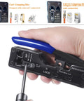 Hand holding All In One EZ RJ45 Crimp Tool Kit For Cat6 Cat5e Cat5 Pass Through Connectors with visible crimp and lock features.