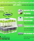 Diagram of 5 Pack Reusable 60 Cell Seed Starter Trays With Humidity Dome, featuring drainage holes and transparent design