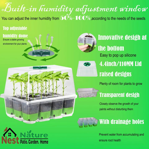 Diagram of 5 Pack Reusable 60 Cell Seed Starter Trays With Humidity Dome, featuring drainage holes and transparent design