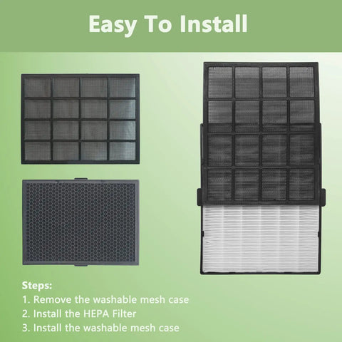 HEPA Filter B Replacement For 114190 Premium Performance with mesh casing and carbon layer for Winix air purifiers, installation steps shown.