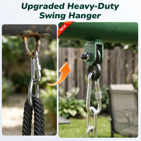 Close-up of upgraded heavy-duty swing hanger for 7.5 Ft Tall Backyard Swing Set With Spider Swing And Belt Swing, A Frame.
