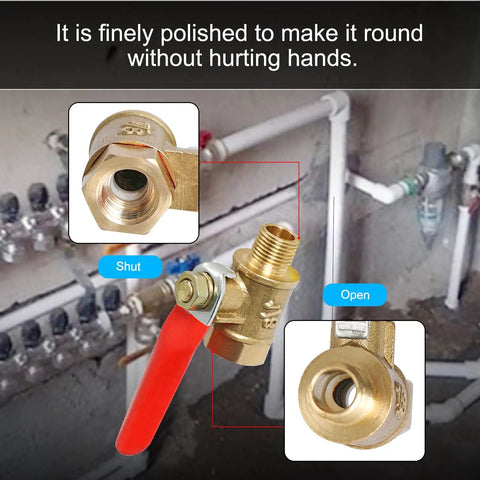 Brass Ball Valve With Vinyl Handle G One Eighth Inch Female To G One Eighth Inch Male Shut Off For Water Oil And Gas Lines, open and shut positions shown