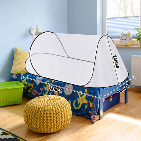 Ultra Portable Pop Up Mosquito Tent For Camping And Travel Easy Foldable Mesh Net That Fits A Full Size Bed Or Kids Playtime 78 Inch By 30 Inch By 24 Inch Backpacking Friendly No Hassle Setup And Packable installed on bed