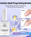Protein Powered Nail Prep Dehydrator And Primer Kit bottle with before and after nail application effects.