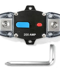 Heavy Duty 200A DC Circuit Breaker Battery Disconnect Switch, 200 AMP, featuring blue manual reset lever, for 12V to 24V systems.