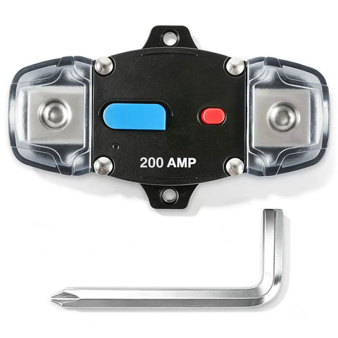 Heavy Duty 200A DC Circuit Breaker Battery Disconnect Switch, 200 AMP, featuring blue manual reset lever, for 12V to 24V systems.