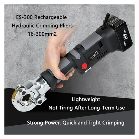 Mini Rechargeable Hydraulic Crimping Tool For Copper And Aluminum Wires Handles 16 To 300mm2 Terminals, ergonomic cordless design.