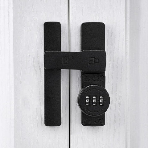 Matte Black 180 Degree Barn Door Lock With 3 Digit Keyless Password Latch Flip Lock mounted on white barn door