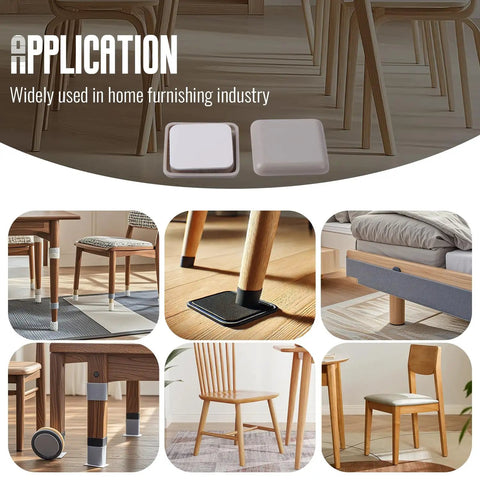 Premium Square Furniture Sliders For Chairs And Tables 16 Pack Heavy Duty Glide Pads on various furniture legs in home setting.