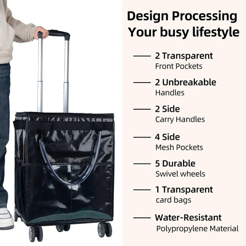 On Wheels Grocery Cart 54L Capacity Foldable Rolling Tote with Drawstring Bag showing handles and swivel wheels, black durable material.