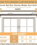 Diagram showing curtain rod size selection with window measuring guide and size chart for Bronze Telescoping Curtain Rod With Splicing Design Adjustable 32 To 58 Inches 7/8 Inch Diameter Leaf Finials Smooth Sliding Drapery Rods For Windows Easy Install Multi Section Extendable Curtain Rod.