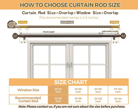Diagram showing curtain rod size selection with window measuring guide and size chart for Bronze Telescoping Curtain Rod With Splicing Design Adjustable 32 To 58 Inches 7/8 Inch Diameter Leaf Finials Smooth Sliding Drapery Rods For Windows Easy Install Multi Section Extendable Curtain Rod.