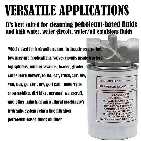Image of 10 Micron Hydraulic Oil Filter Assembly For Petroleum Fluids, Three Quarter Inch Ports, installation instructions visible