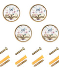 4 Pack 32mm Golden Cabinet Drawer Pulls With Vintage Watercolor Open Book And Butterflies Pattern Metal Knob Handles For Furniture Includes 2.2cm And 3cm Screws, shown with accessories.