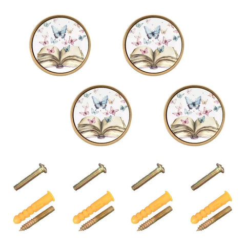 4 Pack 32mm Golden Cabinet Drawer Pulls With Vintage Watercolor Open Book And Butterflies Pattern Metal Knob Handles For Furniture Includes 2.2cm And 3cm Screws, shown with accessories.