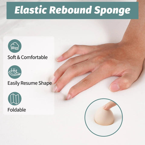 Hand pressing elastic rebound sponge demonstrating soft and comfortable material. Features include foldability and easy shape recovery.