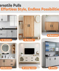 Various cabinets and closets showcasing 5.7 Inch Aluminum Sliding Barn Door Handle Set in kitchen, bedroom, and more.