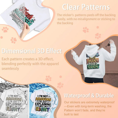 Collage of Six Pack Funny Sarcastic Quote Iron On Transfers for DIY Clothing, showing clear patterns and waterproof durability on shirts
