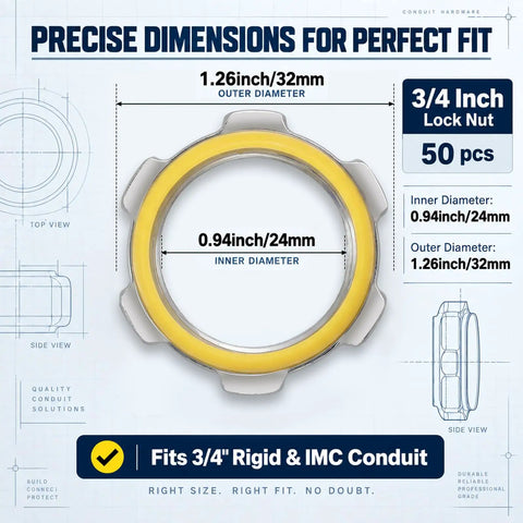 Fifty Count Galvanized Steel Sealing Conduit Locknuts With Molded PVC Gasket For Three Quarter Inch Boxes, showing dimensions and yellow gasket.