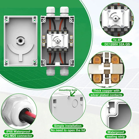 Diagram showing a DC Isolator Switch 32A 1500V Four Pole Circuit Breaker for Solar PV Systems with detailed parts and features.