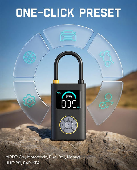 X10 Pro Portable Tire Inflator with one-click preset on digital display, cordless air pump for cars, motorcycles, bikes, and balls.