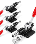 4 Pack Push Pull Toggle Clamps Delivering Badass 500 Lb Holding Power With Quick Release Stroke Action Heavy Duty Professional Grade For Woodworking And Welding Projects, featuring galvanized steel and red grips.