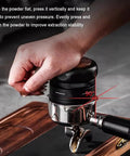 Slick Espresso Tamper Set For 58Mm Portafilters With Auto Scale Dial Wdt Tool And Smart Storage Mat, pressing technique shown.