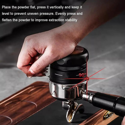 Slick Espresso Tamper Set For 58Mm Portafilters With Auto Scale Dial Wdt Tool And Smart Storage Mat, pressing technique shown.
