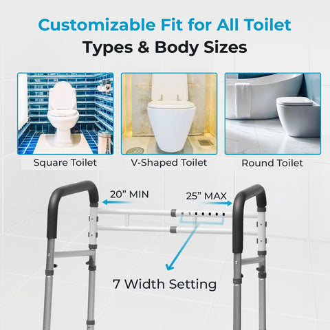 Adjustable Toilet Safety Rails With Hella Tough Handles Builds Rock Solid Support Structure for Elders and Disability Needs Supplies Badass Weight Capacity and Gnarly Anti Slip Texture Secures Your Daily Flush Routine in Black demonstrating customizable fit for various toilet types.