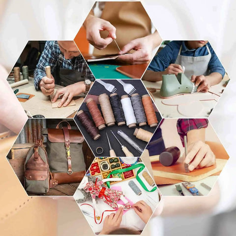 All-In-One 35-Piece Leather Sewing Kit With Hole Punch Prongs, Waxed Thread, Large-Eye Needles, Awl, Bag, Crafting in Use
