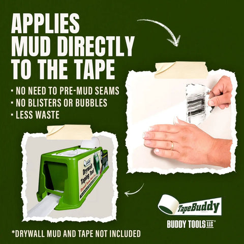 TapeBuddy Drywall Taping Tool for Faster Mud Application with hand applying tape.
