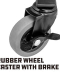 Close-up of rolling stool rubber wheel caster with brake; part of Rolling Stool With Padding And Lumbar Support For Garage Use.