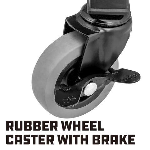 Close-up of rolling stool rubber wheel caster with brake; part of Rolling Stool With Padding And Lumbar Support For Garage Use.