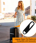 Woman with suitcase featuring Luggage Zipper Pull Replacement Set For Travelers, Alloy Metal Tabs, 6 Pack, 1.4x0.4x0.17 Inches, Durable Upgrade