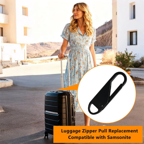 Woman with suitcase featuring Luggage Zipper Pull Replacement Set For Travelers, Alloy Metal Tabs, 6 Pack, 1.4x0.4x0.17 Inches, Durable Upgrade