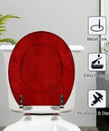 Round Bright maroon deep red colored cracked effect wall Toilet Seat with metal hinge, easy installation, showing back view.
