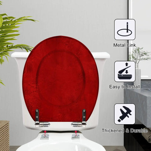 Round Bright maroon deep red colored cracked effect wall Toilet Seat with metal hinge, easy installation, showing back view.