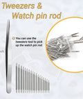 Pro Grade 155 Piece Watch Repair Kit showing tweezers and watch pin rods for precision repairs.