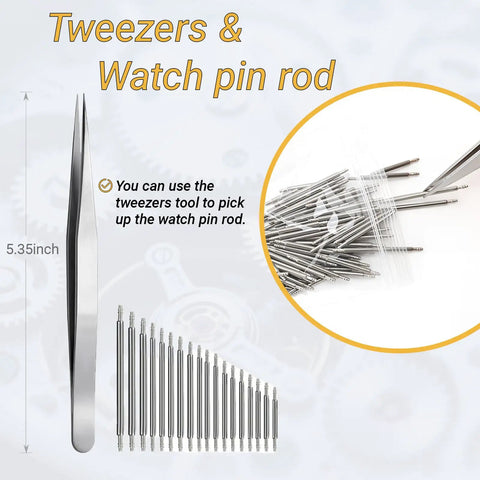 Pro Grade 155 Piece Watch Repair Kit showing tweezers and watch pin rods for precision repairs.