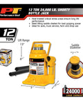 Yellow Beefy 12 Ton Heavy Duty Shorty Bottle Jack For Cars Trucks And Farm Equipment With Low Profile All Steel Construction Adjustable Screw Top Extender Great For Tight Spaces And 24,000 Lb Capacity with packaging box visible