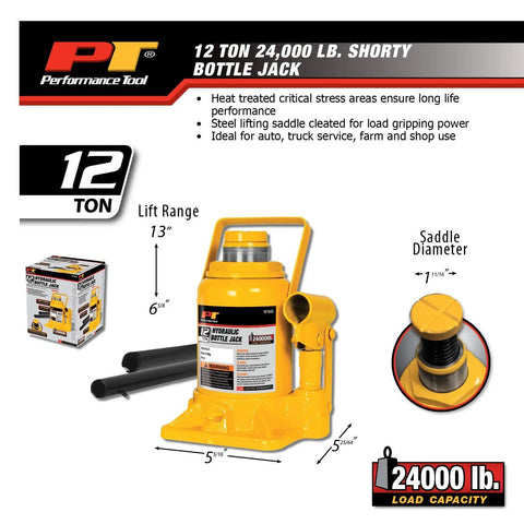 Yellow Beefy 12 Ton Heavy Duty Shorty Bottle Jack For Cars Trucks And Farm Equipment With Low Profile All Steel Construction Adjustable Screw Top Extender Great For Tight Spaces And 24,000 Lb Capacity with packaging box visible