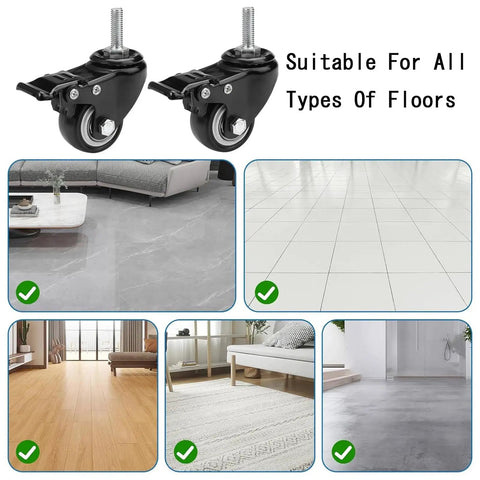 Heavy Duty Polyurethane Swivel Caster Wheels Set Of Four With Parking Brakes M10x25mm Threaded Stem shown on various floor types.