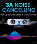 Premium 2K Webcam With Built In Speaker And Noise Canceling Mic, showing 3A noise cancelling features and sound pickup range.