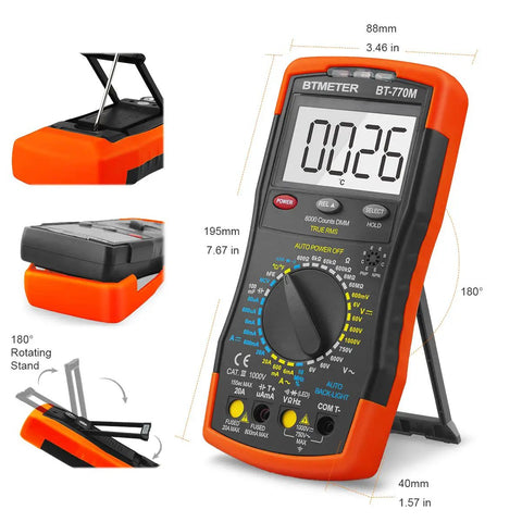 6000-Count True RMS Digital Multimeter with Auto and Manual Ranging, features and dimensions shown