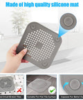 Square Shower Drain Cover 5.7 Inch TPR Silicone Hair Catcher Filter Two Pack Grey Bath Floor Protector Easy Clean Design shown in hand.