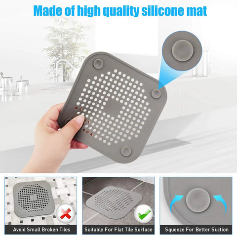 Square Shower Drain Cover 5.7 Inch TPR Silicone Hair Catcher Filter Two Pack Grey Bath Floor Protector Easy Clean Design shown in hand.